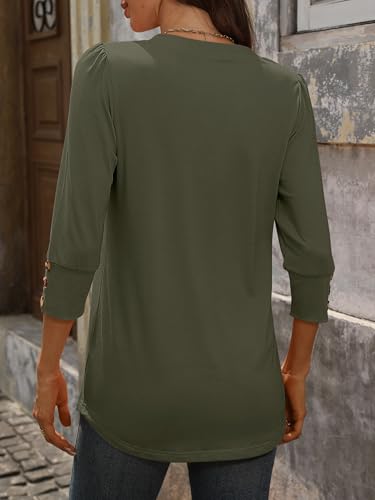ANRABESS Womens Tops 3/4 Sleeve Casual Henley Shirts V Neck Buttons Dressy Work Business Blouses 2026 Spring Trendy Clothes Small Army Green — view 6