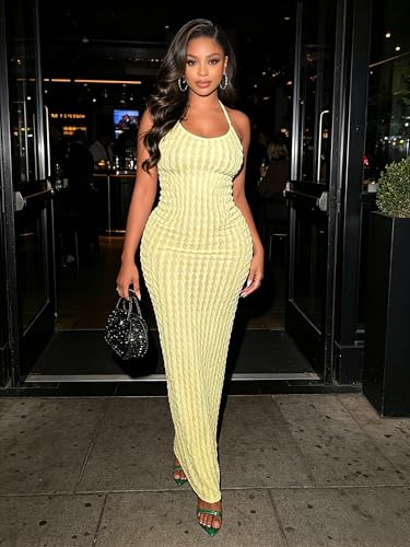 Image of RARITYUS Women's Lace Up Bodycon Maxi Dress Sexy Low Cut Backless Sleeveless Textured Long Party Club Dresses