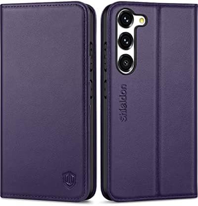 SHIELDON Wallet Case for Galaxy S23 5G 2023, Genuine Leather Folding Wallet Case with Kickstand RFID Blocking Card Slots Magnetic Shockproof Phone Cover Compatible with Galaxy S23 6.1" - Purple