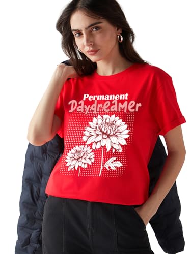 Image of Bewakoof Women's 100% Cotton Typography Boyfriend Fit Half Sleeve Round Neck T-Shirt | Casual wear | Streetwear | Oversized Tshirt for Woman Cotton| Baggy