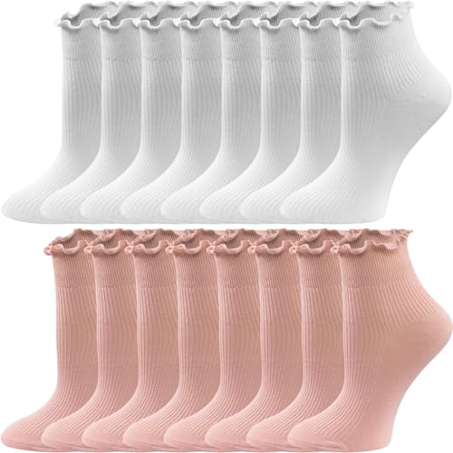 Image of 8 Pairs Cute Ruffle Frilly Ankle Socks Women, Lace Lettuce Socks