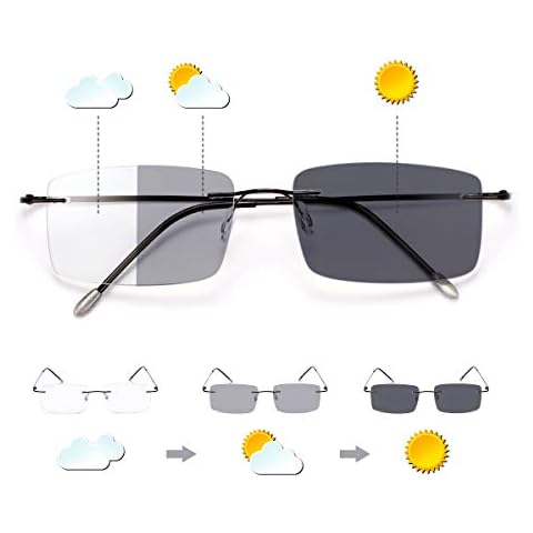 Rimless Progressive Multifocus Reading Glasses Photochromic Transition Sunglasses Sun Readers Blue Light Blocking Multifocal Computer Eyeglasses Anti Glare UV400 Presbyopia Eyewear for Men Women Cover