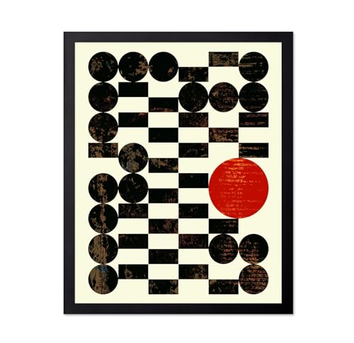 Monem Art Black and Red Geometric Checkerboard Print - Mid Century Modern Circle Pattern Poster - Wall Decor for Living Room, Bedroom or Office - 12x16 Black Framed Wall Art by Petr Strnad