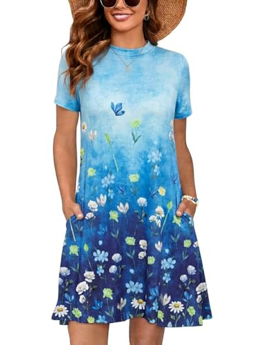 Image of Heymoments Women's Short Sleeve Crewneck Sundress Summer Casual A-Line Beach Dress with Pockets S-2XL