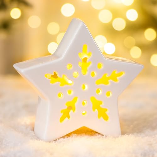Weihnachtsdeko Keramik Stern mit LED Licht, Porzellan Weihnachtsstern...
