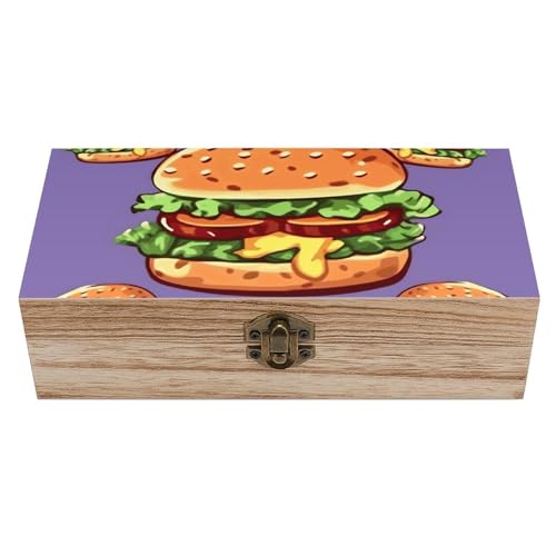 SMAZDFXX Caja de almacenamiento de madera con forma de hamburguesa de dibujos animados, caja de acacia con tapa abatible, caja grande para guardar joyas, cofre del tesoro vintage con recuerdos.