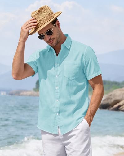 Image of J.VER Mens Linen Shirt Short Sleeve Button Down Casual Summer Shirts | Cotton Linen, Untucked, Big Tall, from Beach Camp Vacation, Cruise Fishing, Work Office, to Wedding Party Family, with Pocket
