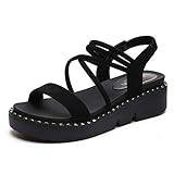 ChyJoey Women's Open Toe Gladiator Strappy Elastic Sandals Slip On Platform Casual Low Heel Wedge Sandal Black