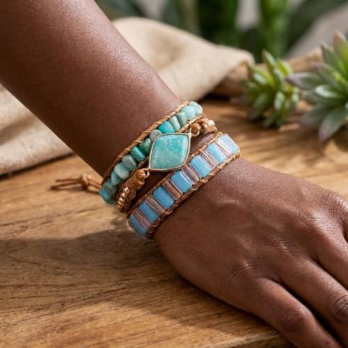 Image of YGLINE Natural Stone Bracelet 5 Wraps Bracelet Handmade Blue Color Boho Bracelet for Women Bracelet