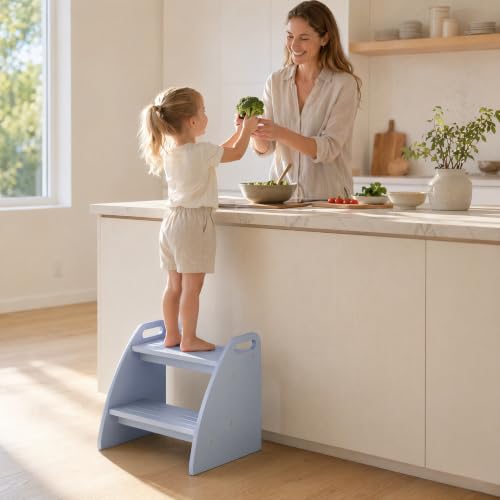 Image of Bamboo 2 Step Stool 300lbs Capacity, Grey Two Step Stool with Non-Slip Handles, Heavy Duty Stepping Stool for Bedside High Beds Adults, Sturdy Small Bathroom Kitchen Wooden Step Stool