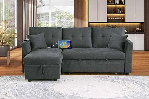 L-Shaped Pull Out Sleep Couch Bed Modern Reversible Sleeper Sectional Sofa Velvet Upholstered Corner Tufted Convertible Sofabed W/Storage Chaise, USB Ports, Side Pockets and Pillows for Living Room