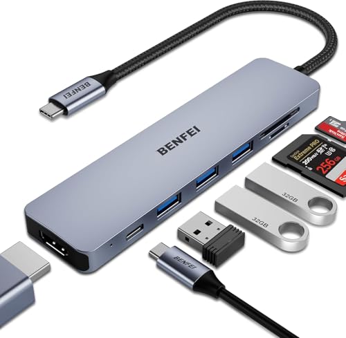 Image of BENFEI USB C HUB 7-in-1 with HDMI(4K@60Hz,Certified), 100W Power Delivery, 3*USB 3.0, SD /TF Card Reader(160MB /s) Compatible with iPhone 15 Pro /Max, MacBook, iPad Pro, iMac, S23, XPS17
