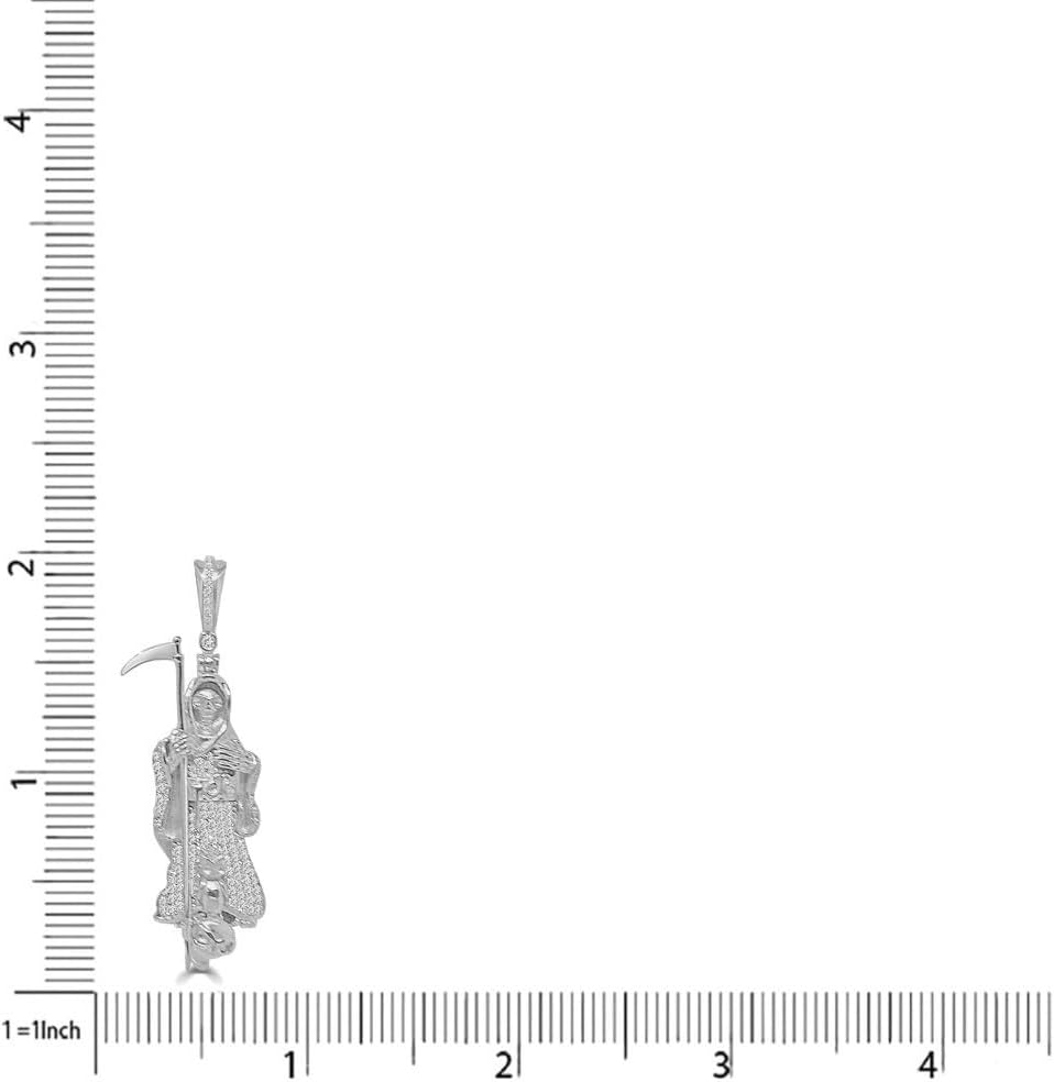 VVS1/D 1.00 Ctw. Real Genuine Authentic Sterling Silver 14K Gold Finish Simulated Diamonds Santa Muerte Grim Reaper Angel of Holy Death Pendant Charm Free Chain Neckless 2.00 Inch.