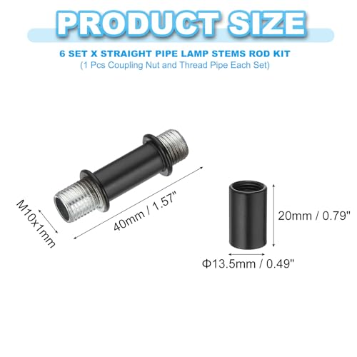 Image of PATIKIL Straight Pipe Lamp Stems Rod Kit, 6 Set M10 Carbon Steel 40mm(1.57 inch) Long Double End Thread Rod with Coupling Nuts Sleeve Connector for Table Lamps Chandeliers, Black