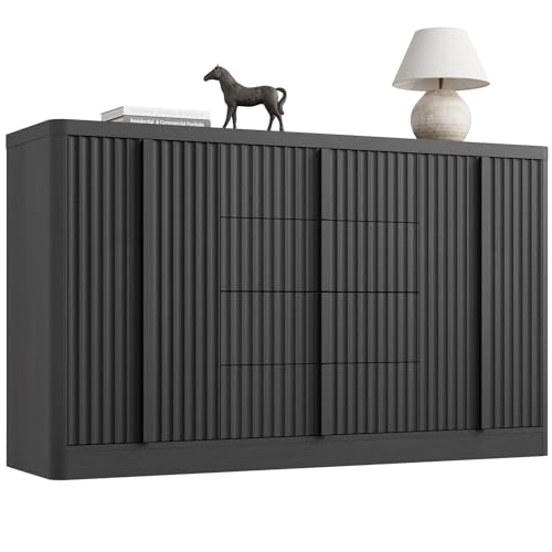 Buffet Cabinet with Storage, 60" Fluted Coffee Bar with 4 Drawers & 2 Doors, Modern Sideboard Buffet with Solid Wood Handle, Credenza Storage Cabinet for Living Room Kitchen Hallway, Black(1PCS)
