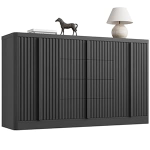 Buffet Cabinet with Storage, 60″ Fluted Coffee Bar with 4 Drawers & 2 Doors, Modern Sideboard Buffet with Solid Wood Handle, Credenza Storage Cabinet for Living Room Kitchen Hallway, Black(1PCS)