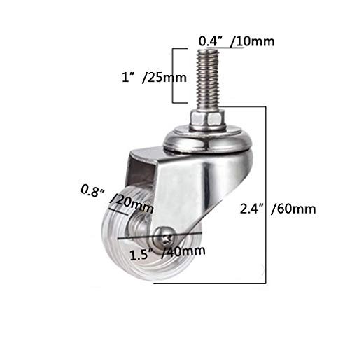 Roulettes transparentes robustes pivotantes tige filet&eacute;e M10 finition PCOR