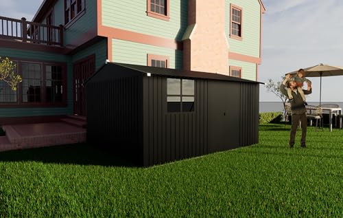 KEIKI 10' x 12' Outdoor Storage Shed– Black Apex Roof Garden Shed with Sliding Door & Acrylic Window, Garden Tool Shed with Punched Vents for Bike,Toy, Garbage Can, Black