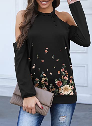 Dokotoo Women Sexy Cold Shoulder Tops Hollowed Out Long Sleeve Sweatshirts Shirt Off The Shoulder Casual Halter Neck Flower Flowy Pullover Tunic Top Blouses 2023 Fashion Black X-Large #TOP2
