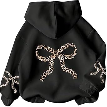 Fronage Womens Bow Cheetah Leopard Cropped Hoodies Long Sleeve Pullover Tops Y2K Preppy Cute Sweatshirts Hoodies