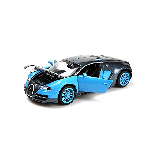 Berry President 1:32 Bugatti Veyron Diecast Scale Model Alloy Supercar Model Vehicle Simulation Toy for Children Electric Pull Back Cars Sound & Light - Birthday (Dblue)