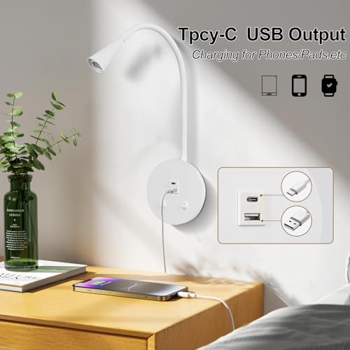 Image of Dimmable LED Wall Reading Lamp - Adjustable Gooseneck Book Light for Bed, USB + Type C Output, 2-in-1 Night Light & Spotlight, Compact Focused Lamp (White)