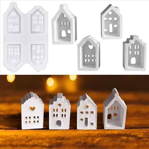 Silikonformen Gießformen Häuser, 4 Stück Gießformen Silikon Haus Mini, Weihnachten Giessformen Silikon,Gips Zum Gießen Häuserkranz, Gipsformen mit Kreativ Beton,Raysin Gießpulver (Stil2)
