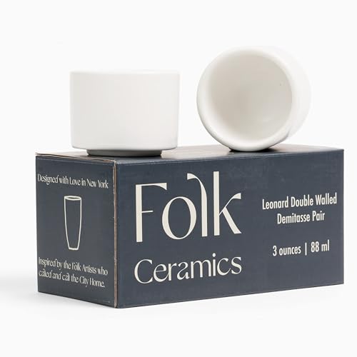 Folk Ceramics Leonard Ceramic Espresso Cups | Modern Stackable Demitasse Mugs for Espresso | Thick Walled, Handleless, Durable, Dishwasher & Microwave Safe | Set of 2, 3oz | Whisper White