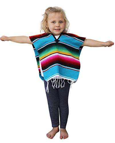 Del Mex Youth Kids Child Mexican Serape Poncho Costume (Turquoise, Ages 2-5)