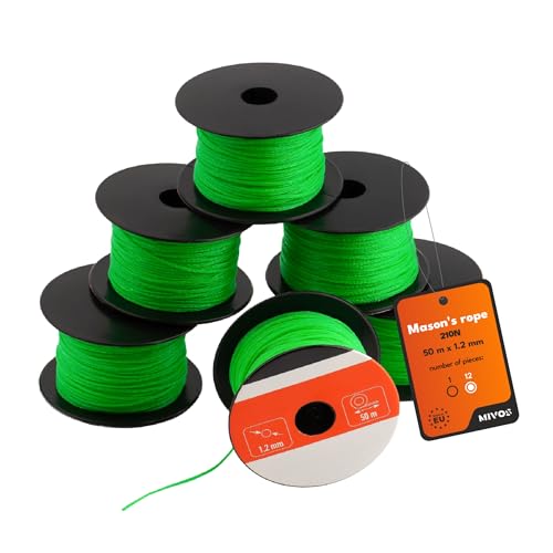 MIVOS Cuerda de albañil - Paquete de 12 Cuerda de albañil 50 m, grosor 1,2 mm - plomada verde - Cuerda de construcción - Cuerda de enlucido duradera y resistente a desgarros - plomada - 210N