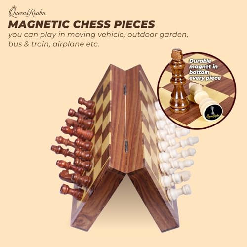 Image of QueensRealm 12 Inch Sheesham Chess - Handmade Magnetic Chess Board Set with Magnetic Wooden Chess Pieces | Premium Foldable Chessboard for Kids & Adults for Indoor Outdoor Chess Set (12 x 12 Inch)