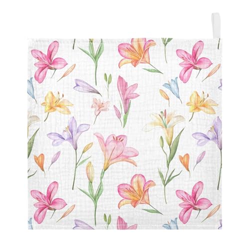 Image of vvfelixl Colorful Lilies Baby Burp Cloths Baby Muslin Washcloths for Boys Girls Cotton Babys Face Towel for Newborn Soft 11.8 X 11.8 in, 5 Pack