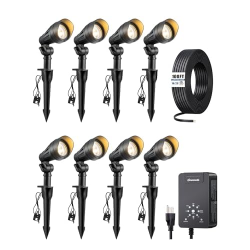 DEWENWILS 12V Landscape Lighting kit, 1x60W Transformer with Timer+8x3.2W Aluminum LED Low Voltage Landscape Spotlight Lights, 100FT Wire+8 Pack Connector for Patio Yard Garden Round