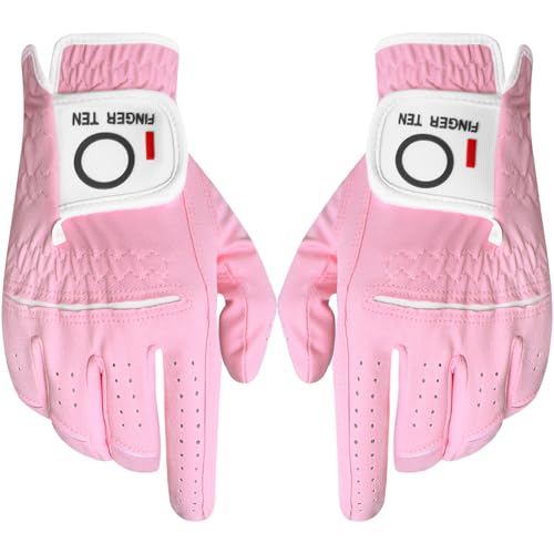 FINGER TEN Women's Golf Gloves Rian Grip (Pink, Medium, Ambidextrous)