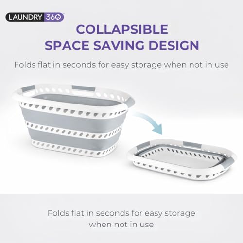 Image of Laundry 360 Collapsible Laundry Basket 40L | Portable | Space Saver Storage | Hold 2 Loads | Store Under the Bed or Closet | Good for Kids | Dorm | Bedroom | Large | White /Grey