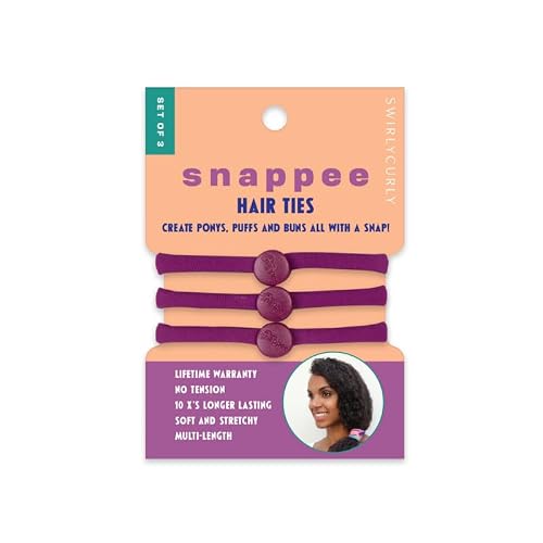 Snap Hair Ties for Thick, Natural, Curly Hair | No Slip, No Tension Pro Hair Tie | Strong Ponytail Holder (3 Pack, Purple)