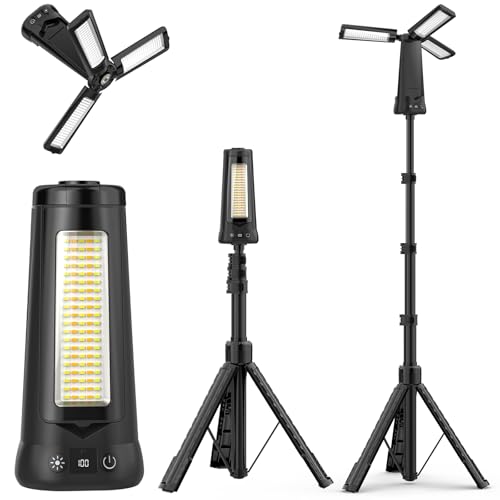 Adewalk 15000mAh Projecteur de Chantier LED Rechargeable avec Trépied, 5500LM Lampe de Camping à 3 Têtes, Étanche IP65, 5 Mode, Lampe de Travail Réglable pour Atelier, Garage, Construction - Noir