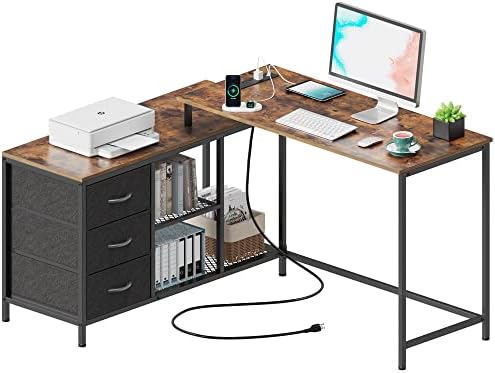 SUPERJARE L Shaped Desk with Power Outlets, Computer Desk with Drawers & Shelves, Corner Desk Gaming Desk Home Office Desk, Rustic Brown