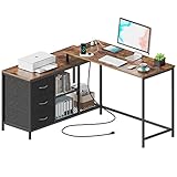 SUPERJARE L Shaped Desk with Power Outlets, Computer Desk with Drawers & Shelves, Corner Desk Gaming Desk Home Office Desk, Rustic Brown