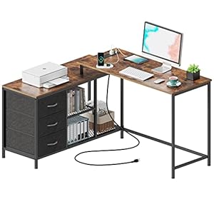 SUPERJARE L Shaped Desk with Power Outlets, Computer Desk with Drawers & Shelves, Corner Desk Gaming Desk Home Office Desk, Rustic Brown