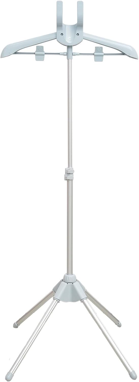 Telescopic Folding Clothes Steamer Hanger Stand with Adjustable Height Aluminum Alloy and Plastic Frame, Rotatable Clips for Pants and Skirts, Collapsible Portable Rack Black Grey