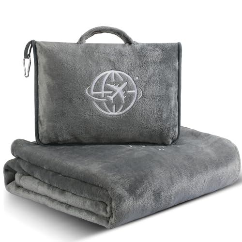 Fendox Travel 2-in-1 Travel Blanket and Pillow – Lightweight, Compact, Ultra Soft, Machine Washable – Handle, Luggage Sleeve, Backpack Clip – for Travel Airplane, Car, Office (Gray)