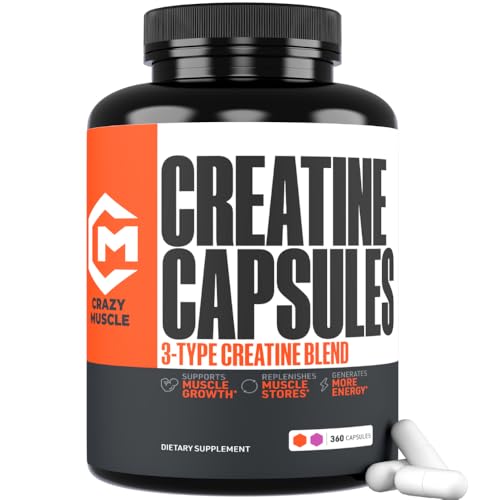 Crazy Muscle Creatine Capsules, 5g of Premium 3X ThreeAtine Pre Workout Bulk Mass Gainer, High Absorption Easy to Take Creatine Monohydrate, Optimum Performance for Men Women, 360 Capsules