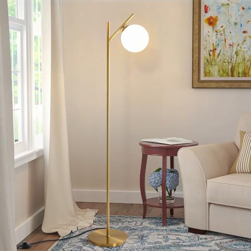 Image of Mid Century Floor Lamp for Living Room Modern Tall Standing Lamp with Frosted Glass Globe Shades Contemporary Brass Freestanding Lamp for Office Bedroom (Gold)