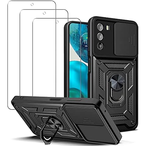 carinacoco Case for Motorola Moto G62 5G, with Screen Protector(3 packs) and Slide Camera Cover, Anti-Scratch and Shockproof Rugged Hard Armour Cover with Rotating Finger Ring Stand- Black Cover