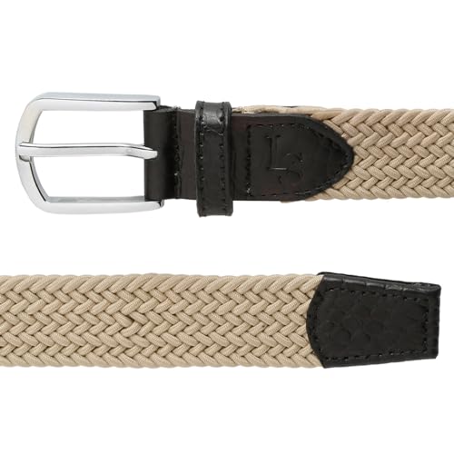 Image of LOUIS STITCH Men's Braided Elastic Stretch Belt with Leather Tipped End Stretchable Canvas Waist Band for Men Women Boys Girls Unisex (Width 3 cm) (BE-EL)