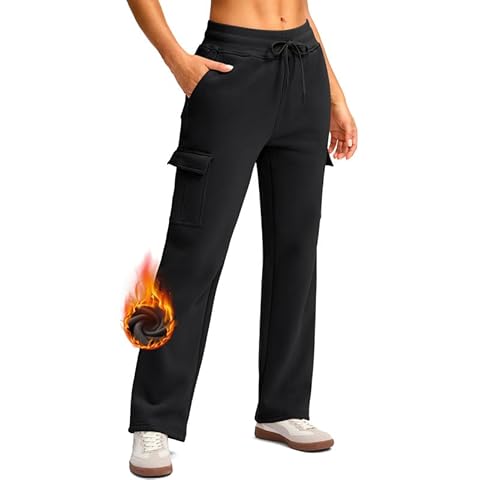 Viodia Cargo Sweatpants for Women Straight Leg Fleece Lined Sweat Pants with Pockets Y2k Warm Winter Pants Black Cover