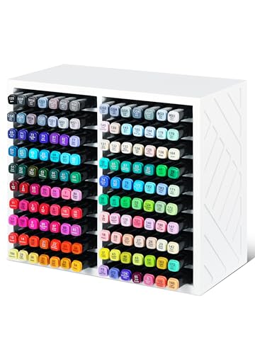 Image of Bamboo Marker Organizer for Desk, Marker Storage Organizer for 140 Markers,Pens, Pencils and Art Brushes,Wooden marker holder for Home, Classroom and Office Decor, White