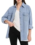 EXARUS Girls Jean Jacket Teen Denim Shacket Casual Long Sleeve Voaction Outdoor Button Up Oversized Pockets Lapel Outerwear Frayed Hem Raw Tirm Trucker Mid Blue 12Y