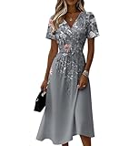 Elegant Dresses for Women,Short Sleeve Midi Dresses Trendy Spring Summer Plus Size V Neck Flowy A Line Dress Formal Ruched Floral Dress for Party Vacation Wedding Guest Beach Work Light Gray XL